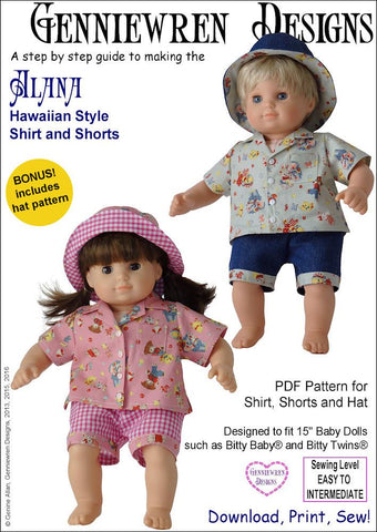 Genniewren Bitty Baby/Twin Alana - Hawaiian-Style Shirt, Shorts and Hat 15" Baby Doll Clothes Pixie Faire