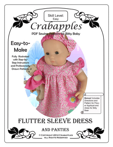 Crabapples Bitty Baby/Twin Bitty Baby Flutter Sleeve Dress 15" Baby Doll Clothes Pattern Pixie Faire