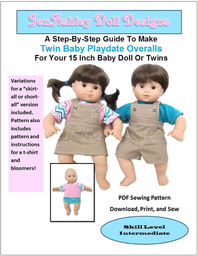 Jen Ashley Doll Designs Bitty Baby/Twin Twin Baby Playdate Overalls 15" Baby Doll Clothes Pattern Pixie Faire