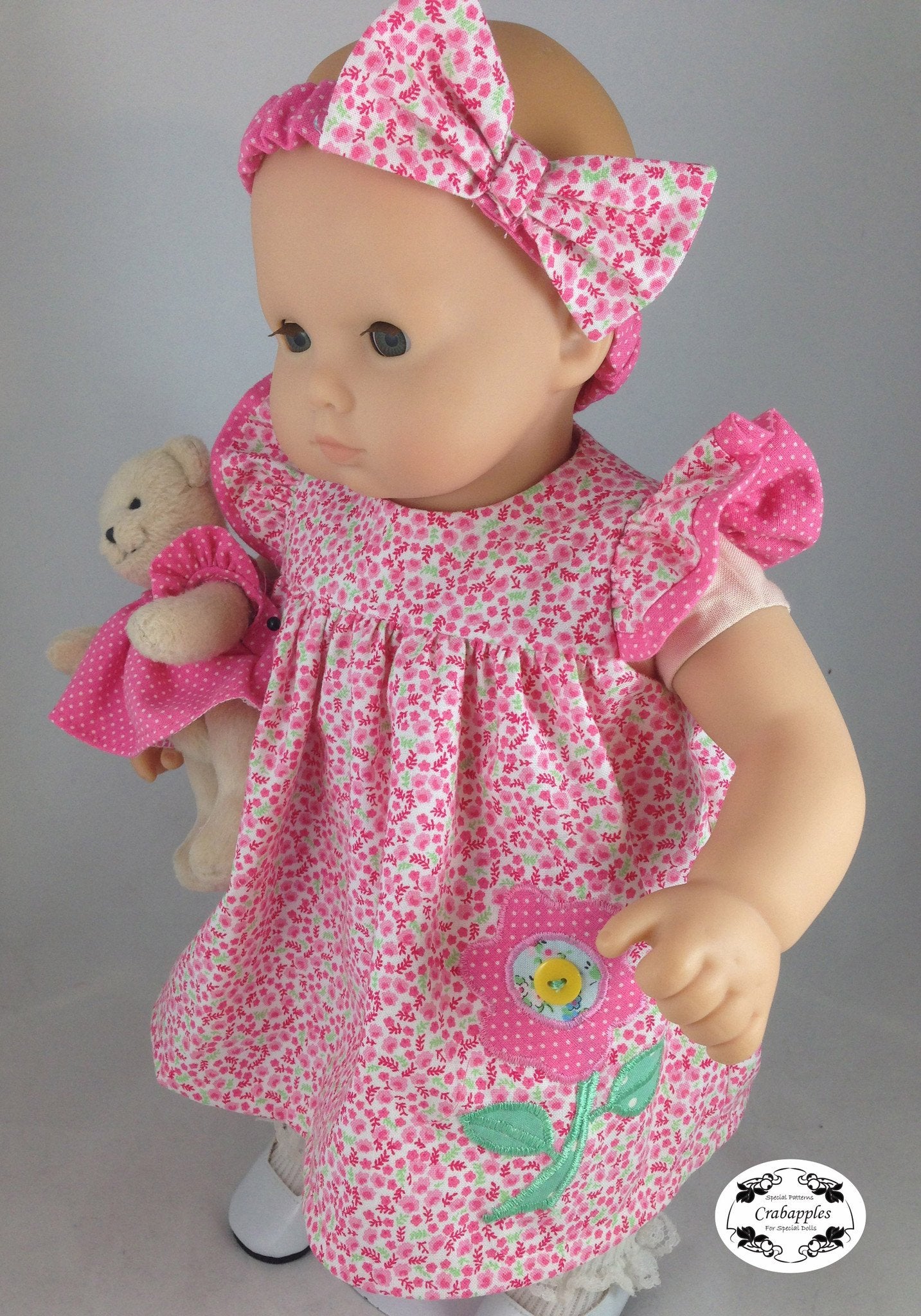 Crabapples Bitty Baby/Twin Bitty Baby Flutter Sleeve Dress 15" Baby Doll Clothes Pattern Pixie Faire