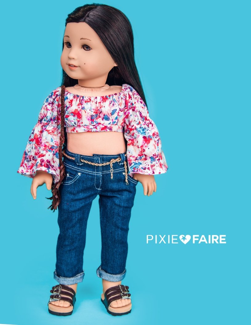 Dollhouse Designs 18 Inch Modern Bohemian Breeze Crop Top, Skirt, Dress, & Accessories 18" Doll Clothes Pattern Pixie Faire