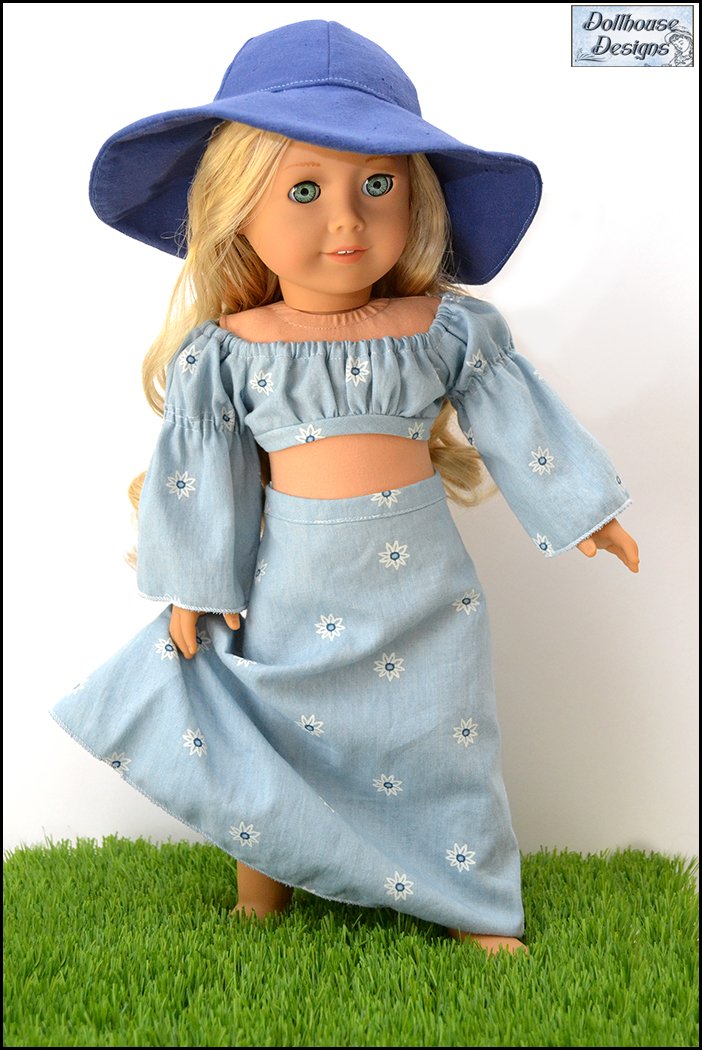 Dollhouse Designs 18 Inch Modern Bohemian Breeze Crop Top, Skirt, Dress, & Accessories 18" Doll Clothes Pattern Pixie Faire