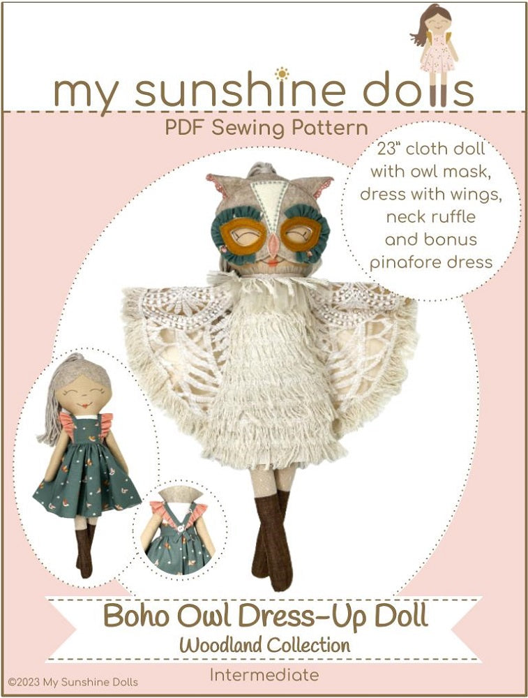 Boho Owl Dress Up Doll 23 inch Cloth Doll Pattern Bundle Options Boho Owl Dress Up Doll 23 inch Cloth Doll Pattern Bundle Options