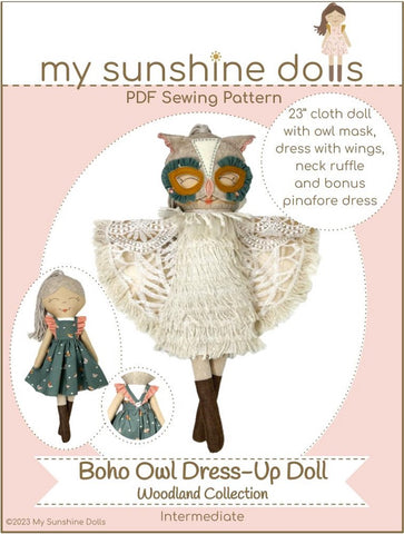 My Sunshine Dolls Cloth Doll Boho Owl Dress Up Doll 23" Cloth Doll Pattern Bundle Options Pixie Faire