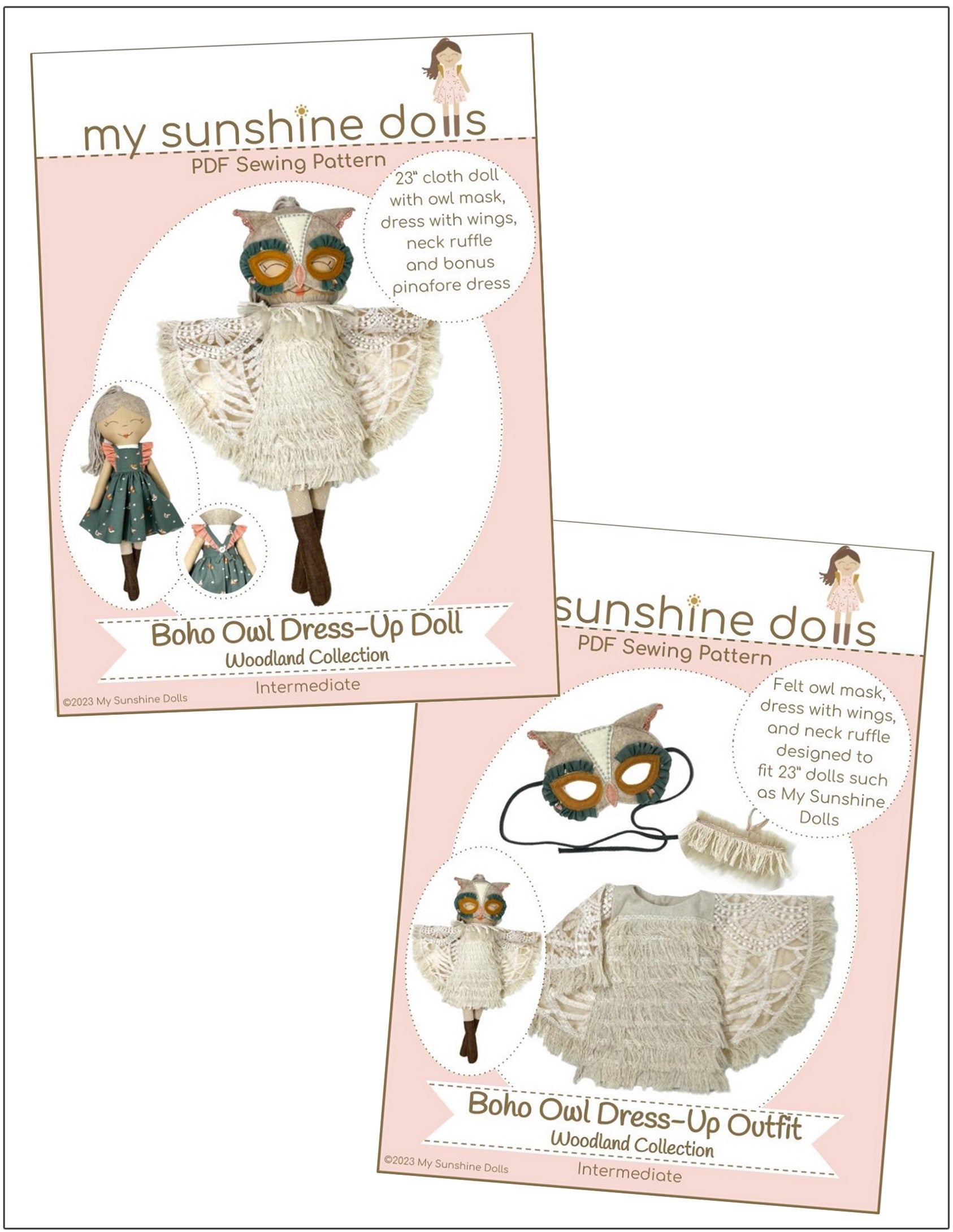 My Sunshine Dolls Cloth Doll Boho Owl Dress Up Doll 23" Cloth Doll Pattern Bundle Options Pixie Faire