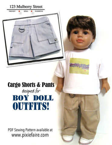 123 Mulberry Street 18 Inch Boy Doll Boy Doll Cargo Shorts 18" Doll Clothes Pattern Pixie Faire