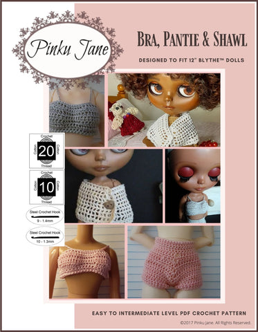 Pinku Jane Blythe/Pullip Bra, Pantie, & Shawl Crochet Pattern For 12" Blythe Dolls Pixie Faire