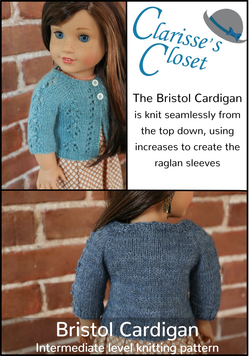 Clarisse's Closet Knitting Bristol Cardigan 18" Doll Clothes Knitting Pattern Pixie Faire