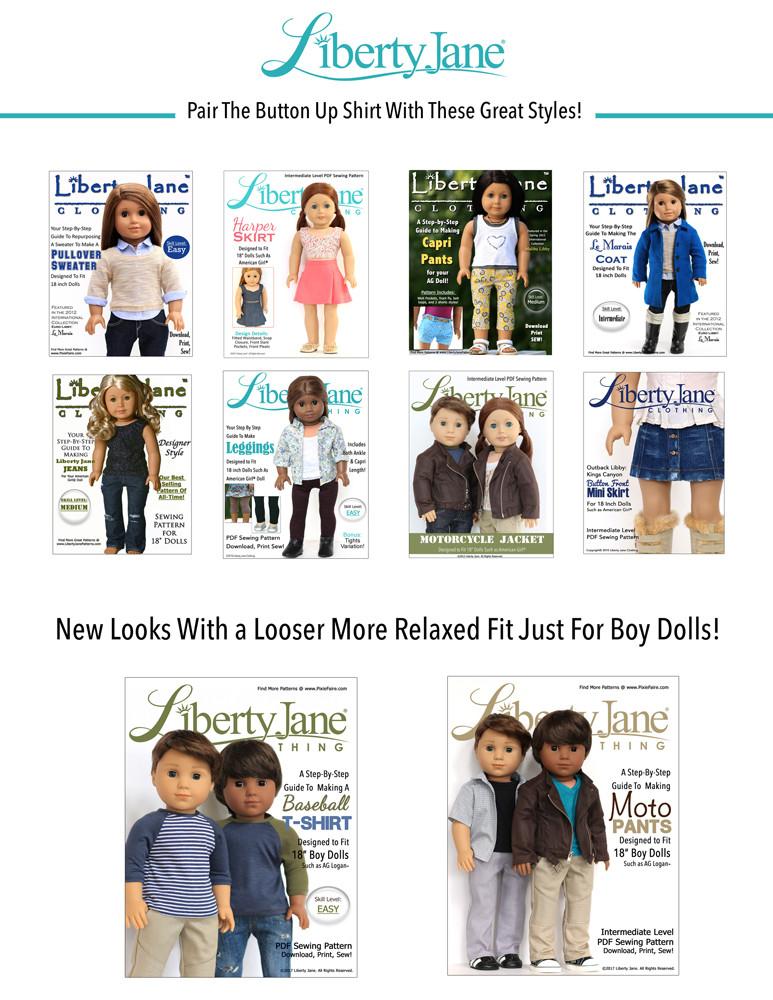 Liberty Jane 18 Inch Modern Button Up Shirt Bundle for Girls and Boys 18" Doll Clothes Pattern Pixie Faire