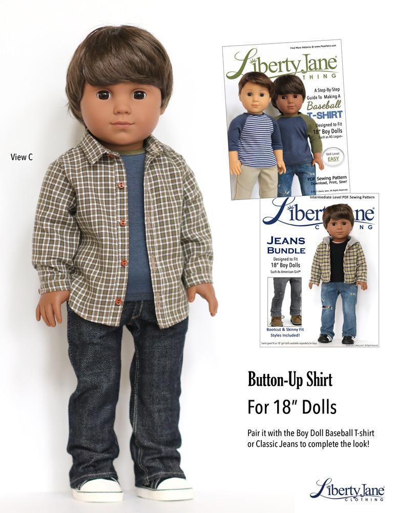 Liberty Jane 18 Inch Modern Button Up Shirt Bundle for Girls and Boys 18" Doll Clothes Pattern Pixie Faire