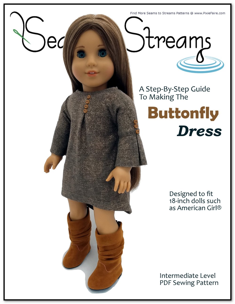 Seams to Streams 18 Inch Modern Buttonfly Dress 18" Doll Clothes Pattern Pixie Faire