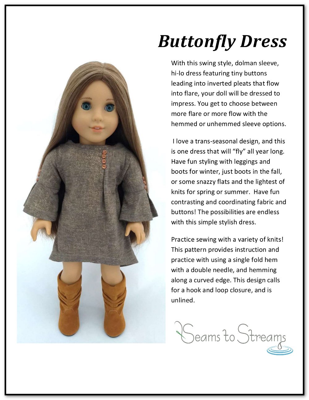 Seams to Streams 18 Inch Modern Buttonfly Dress 18" Doll Clothes Pattern Pixie Faire