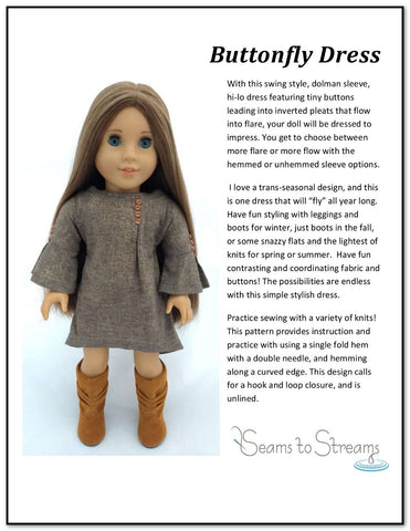 Seams to Streams 18 Inch Modern Buttonfly Dress 18" Doll Clothes Pattern Pixie Faire