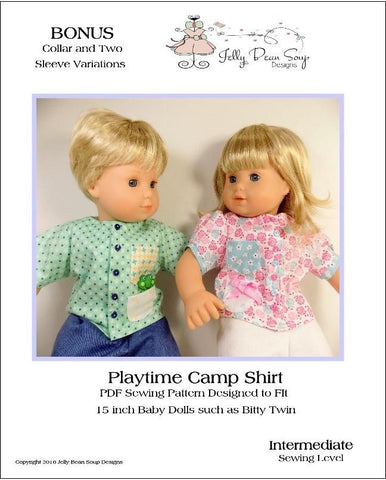 Jelly Bean Soup Designs Bitty Baby/Twin Playtime Camp Shirts 15" Baby Doll Clothes Pattern Pixie Faire