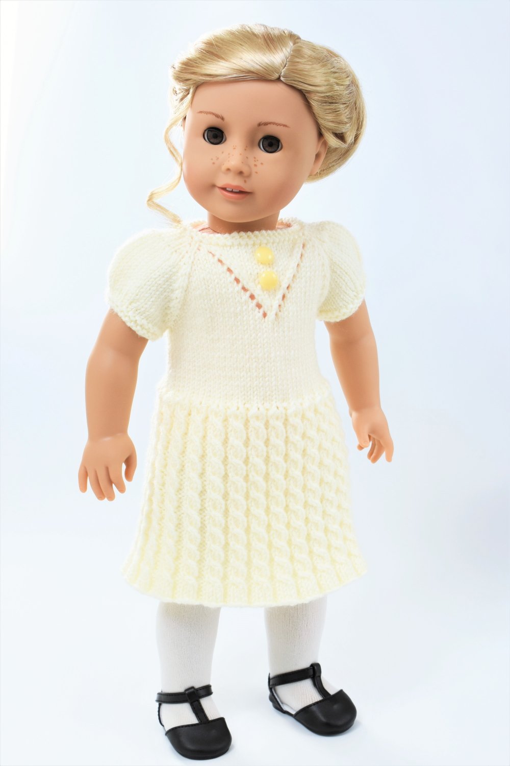 Little Woolens Designs Knitting Cheerful Cables Knit Dress 18" Doll Clothes Knitting Pattern Pixie Faire