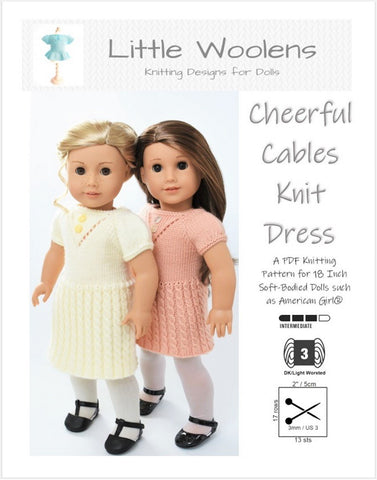 Little Woolens Designs Knitting Cheerful Cables Knit Dress 18" Doll Clothes Knitting Pattern Pixie Faire