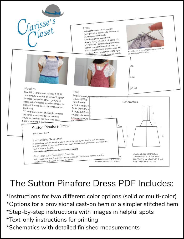 Clarisse's Closet Knitting Sutton Pinafore Dress 18" Doll Clothes Knitting Pattern Pixie Faire