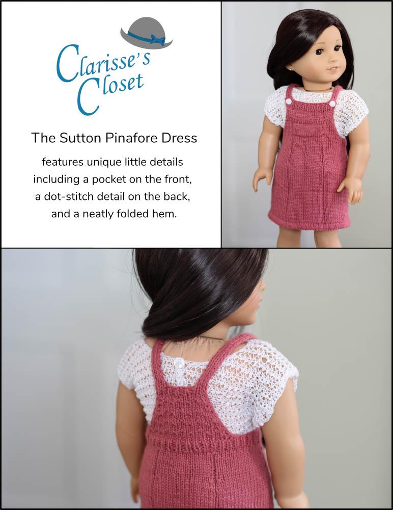 Clarisse's Closet Knitting Sutton Pinafore Dress 18" Doll Clothes Knitting Pattern Pixie Faire