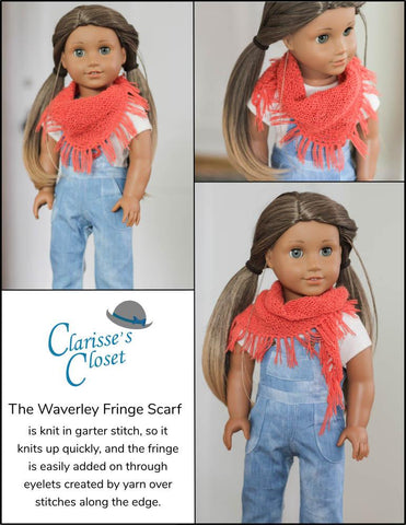 Clarisse's Closet Knitting Waverley Fringe Scarf 18" Doll Clothes Knitting Pattern Pixie Faire