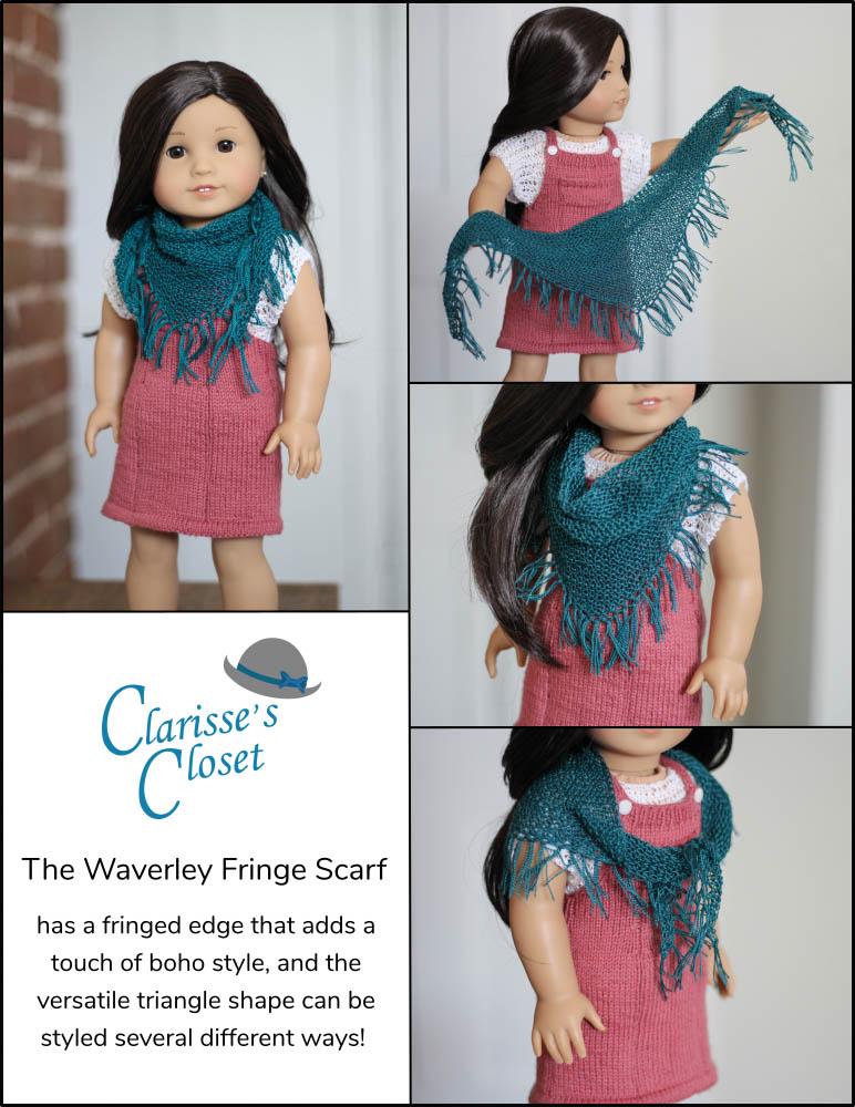 Clarisse's Closet Knitting Waverley Fringe Scarf 18" Doll Clothes Knitting Pattern Pixie Faire