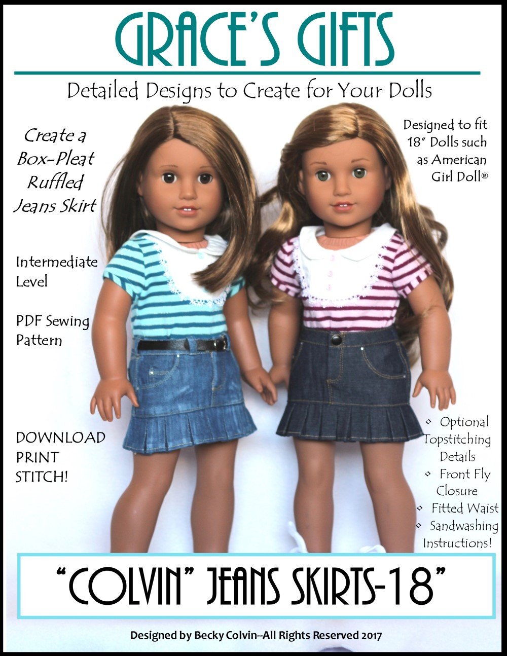 Grace's Gifts 18 Inch Modern "Colvin" Jeans Skirt 18" Doll Clothes Pattern Pixie Faire