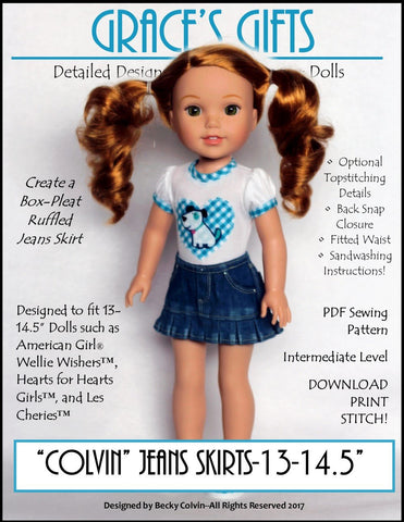 Grace's Gifts WellieWishers "Colvin" Jeans Skirt 13-14.5" Doll Clothes Pattern Pixie Faire