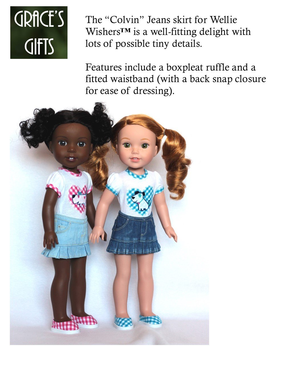 Grace's Gifts WellieWishers "Colvin" Jeans Skirt 13-14.5" Doll Clothes Pattern Pixie Faire