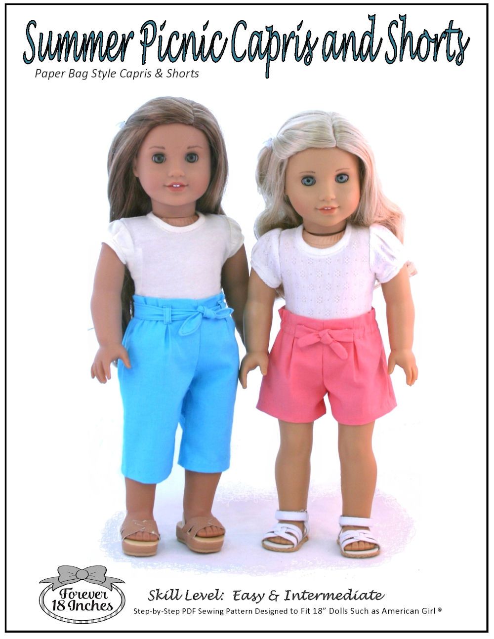 Forever 18 Inches 18 Inch Modern Summer Picnic Capris and Shorts 18" Doll Clothes Pattern Pixie Faire