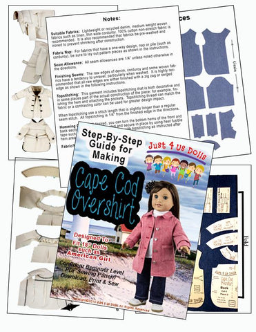 Just 4 Us Dolls 18 Inch Modern Cape Cod Overshirt 18" Doll Clothes Pattern Pixie Faire