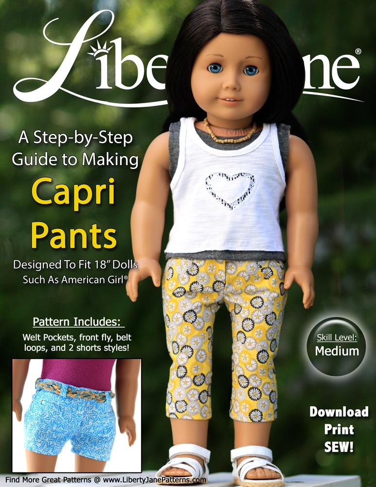 Liberty Jane Capri and Shorts 18 inch Doll Clothes Pattern PDF Download