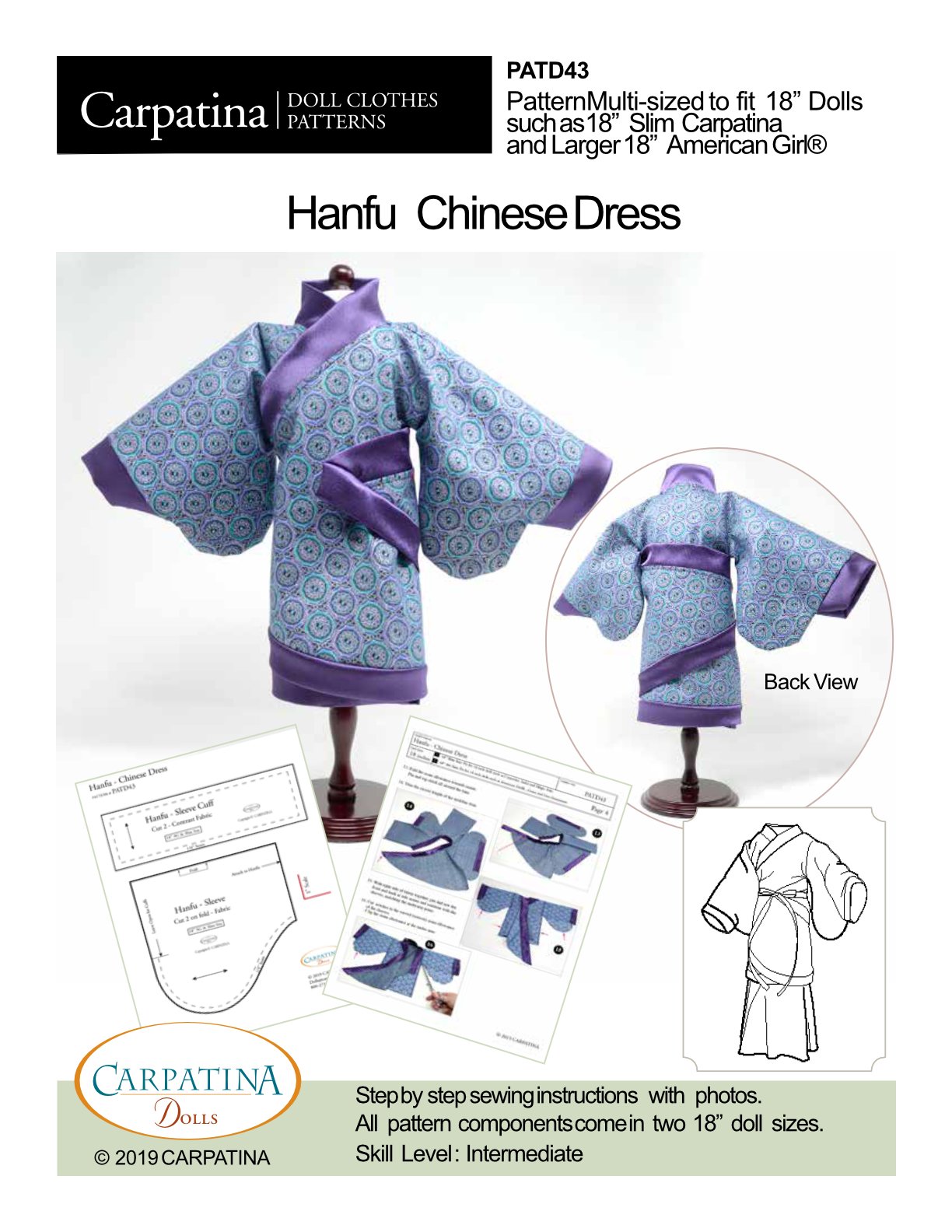 Carpatina Dolls 18 Inch Modern Hanfu Chinese Dress Multi-sized Pattern for Regular and Slim 18" Dolls Pixie Faire