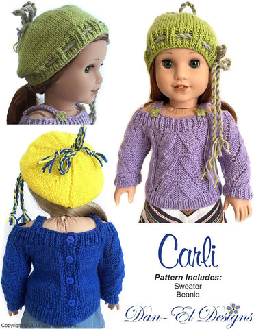 Dan-El Designs Knitting Carli Sweater and Beanie 18 inch Doll Clothes Knitting Pattern Pixie Faire