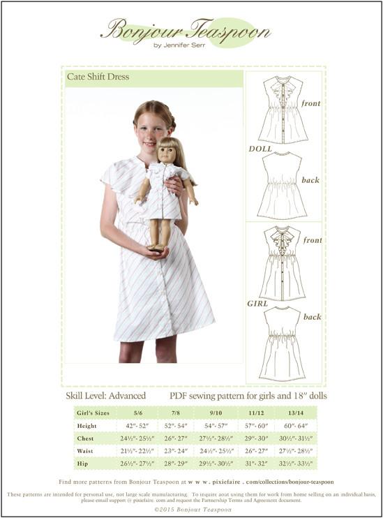 Bonjour Teaspoon Girls Cate Shift Dress for Girls and Dolls Bundle Pattern Pixie Faire