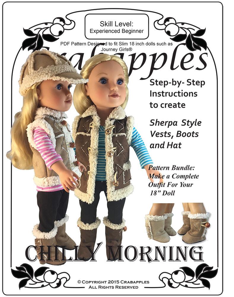 Crabapples Journey Girl Chilly Morning Vest, Hat and Boot Bundle Pattern for Journey Girls Dolls Pixie Faire