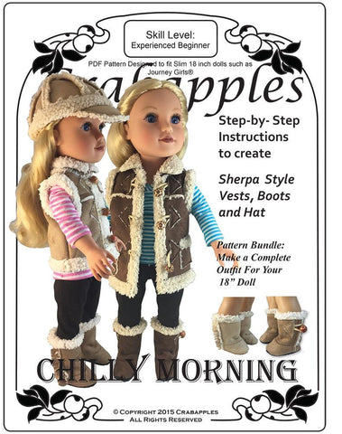 Crabapples Journey Girl Chilly Morning Vest, Hat and Boot Bundle Pattern for Journey Girls Dolls Pixie Faire