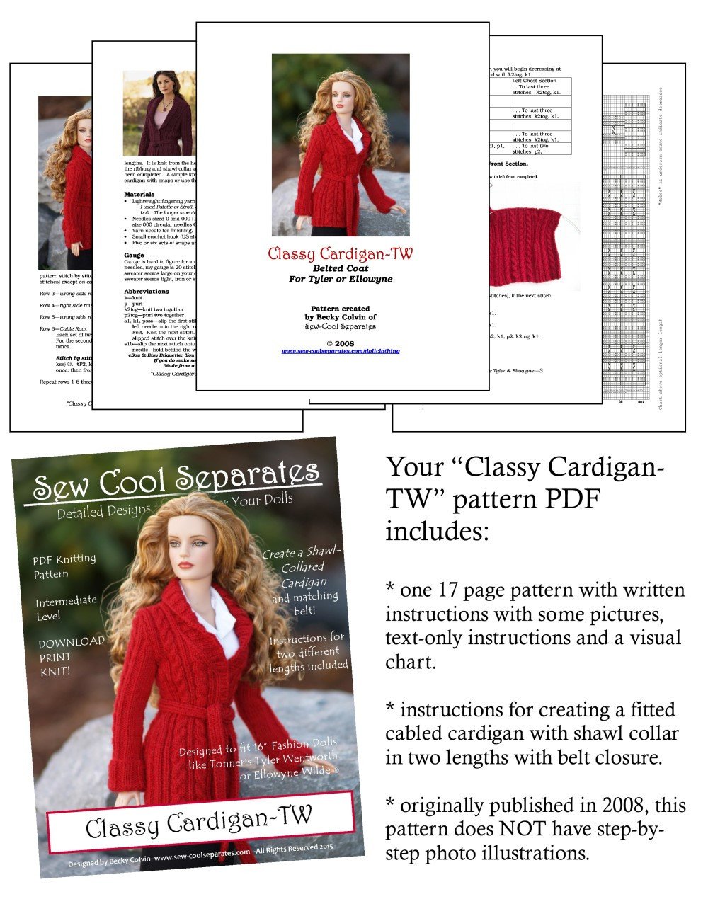 Sew Cool Separates Ellowyne Classy Cardigan Knitting Pattern for Ellowyne and Tyler Wentworth Dolls Pixie Faire