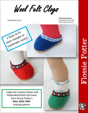 Flossie Potter Shoes Wool Felt Clogs 18" Doll Clothes Pattern Pixie Faire