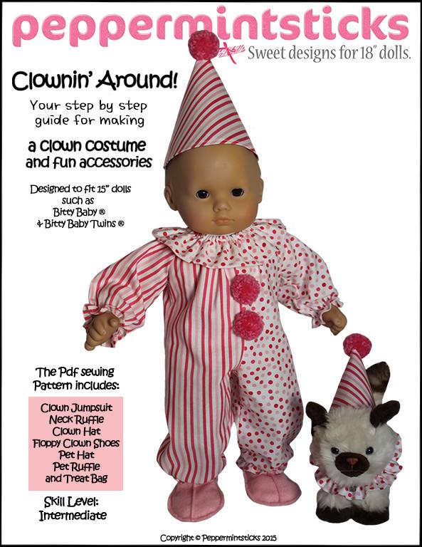 Peppermintsticks Bitty Baby/Twin Clownin' Around! 15" Baby Doll Clothes Pattern Pixie Faire