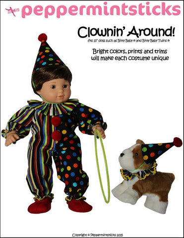 Peppermintsticks Bitty Baby/Twin Clownin' Around! 15" Baby Doll Clothes Pattern Pixie Faire