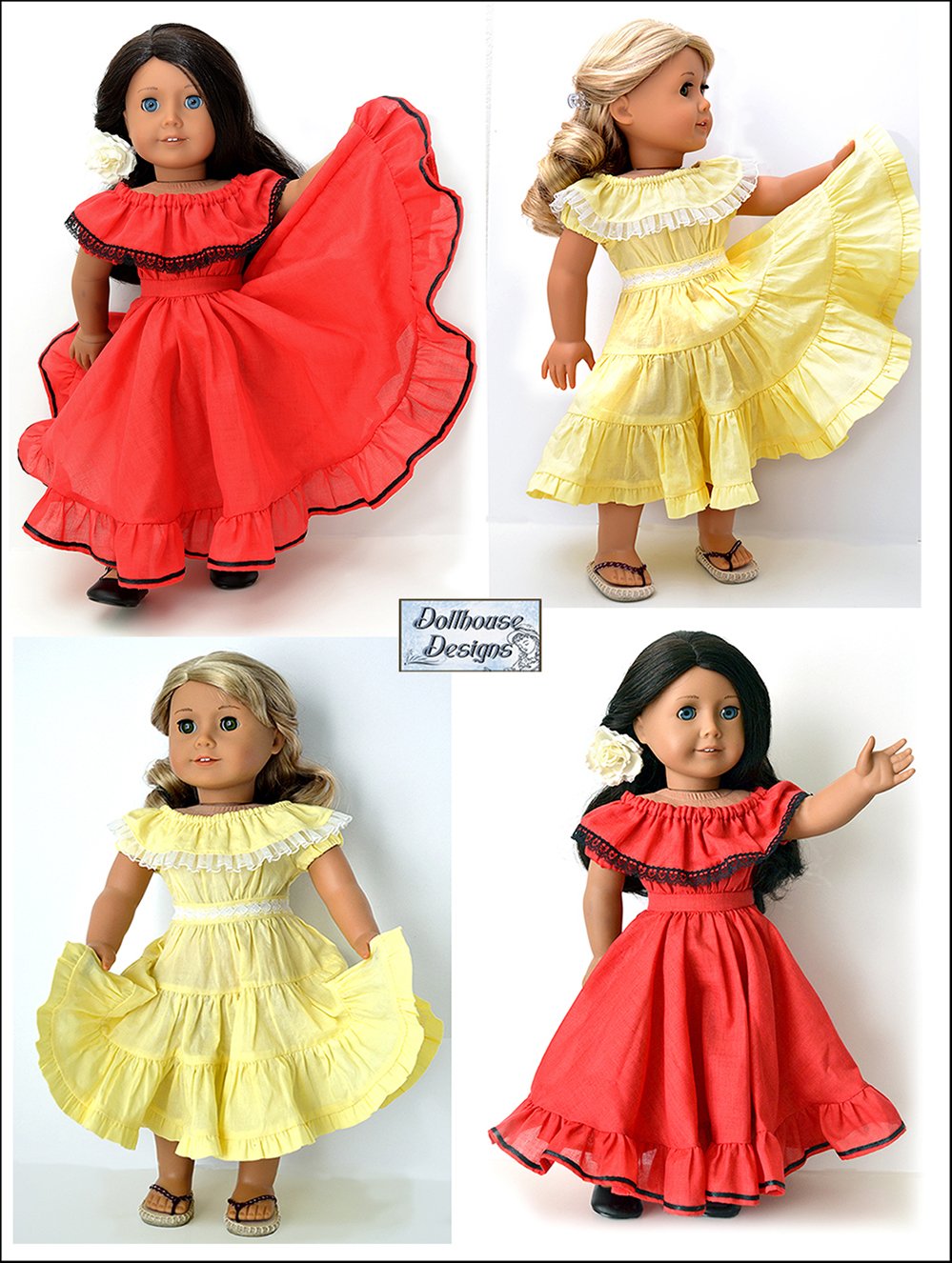 Dollhouse Designs 18 Inch Historical Fiesta Folklorico Dress & Blouse 18" Doll Clothes Pattern Pixie Faire