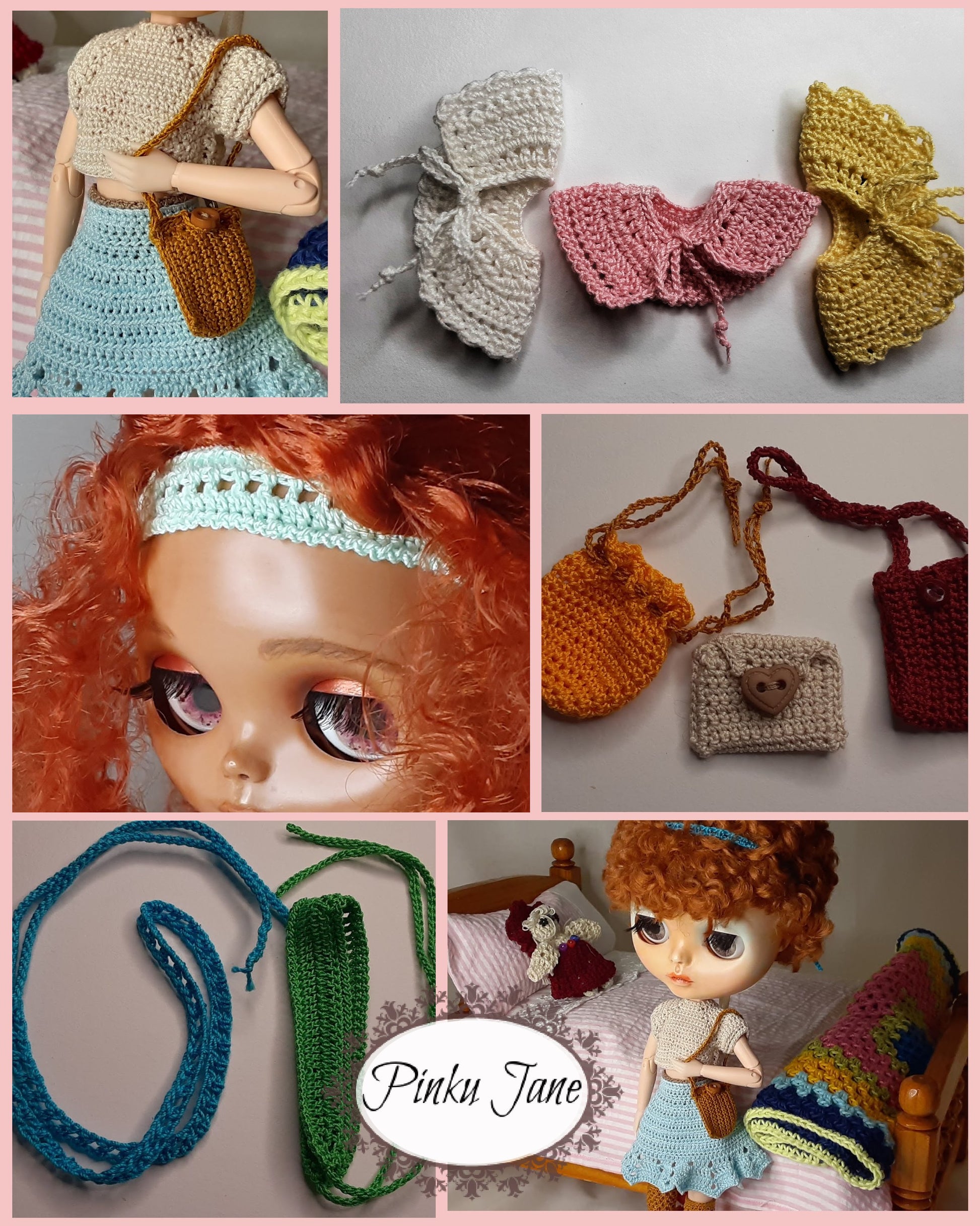 Pinku Jane Blythe/Pullip Collar, Headbands, & Bags Crochet Pattern For 12" Blythe Dolls Pixie Faire