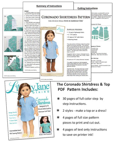 Liberty Jane 18 Inch Modern Coronado Shirtdress and Top 18" Doll Clothes Pattern Pixie Faire
