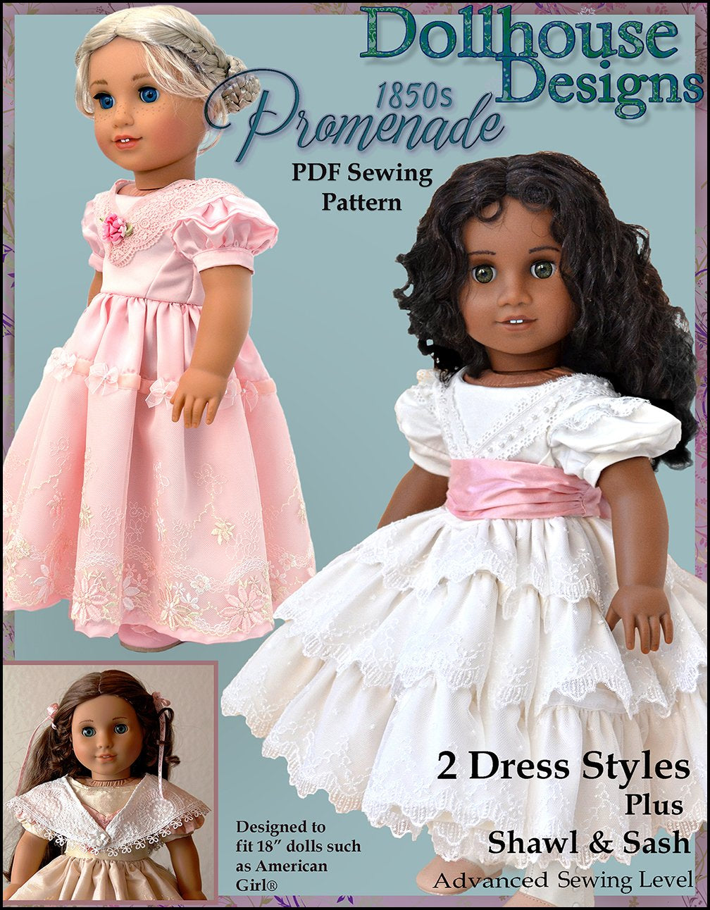 Dollhouse Designs 18 Inch Historical 1850s Promenade 18" Doll Clothes Pattern Pixie Faire