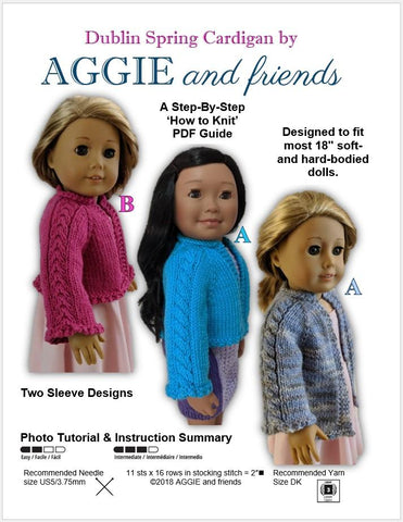 Aggie and friends Knitting Dublin Spring Cardigan 18" Doll Clothes Knitting Pattern Pixie Faire