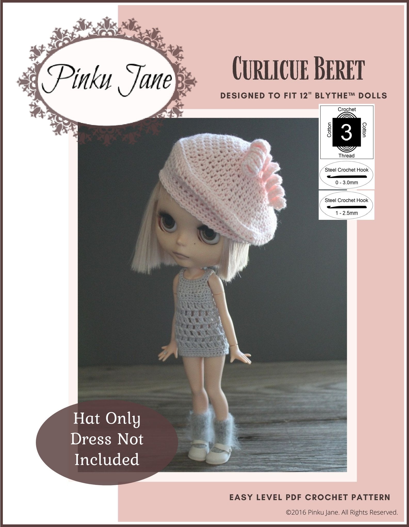 Pinku Jane Blythe/Pullip Curlicue Beret Crochet Pattern For 12" Blythe Dolls Pixie Faire
