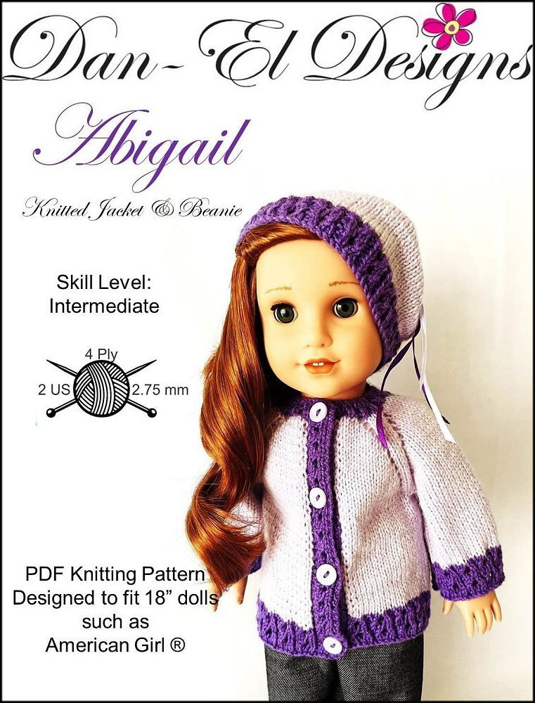 Dan-El Designs Knitting Abigail Knitted Jacket and Beanie 18" Doll Knitting Pattern Pixie Faire
