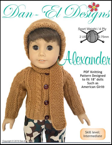 Dan-El Designs Knitting Alexander Sweater 18" Doll Knitting Pattern Pixie Faire