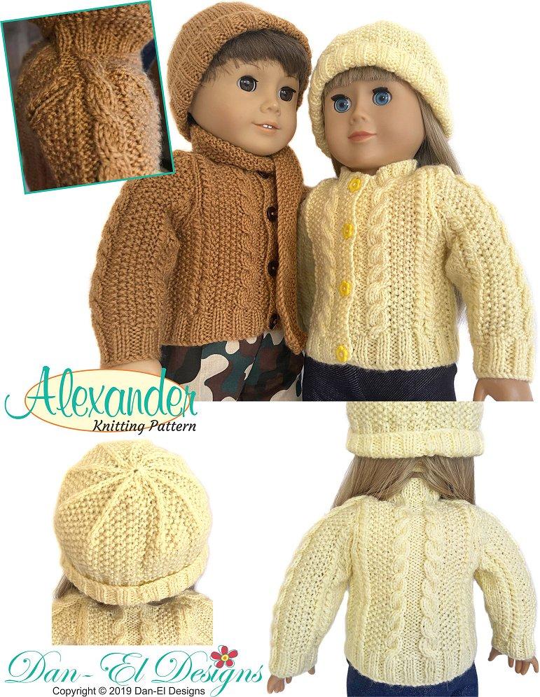 Dan-El Designs Knitting Alexander Sweater 18" Doll Knitting Pattern Pixie Faire