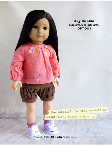 Doll Joy 18 Inch Modern Joy Bubble Shorts & Skirt 18" Doll Clothes Pattern Pixie Faire