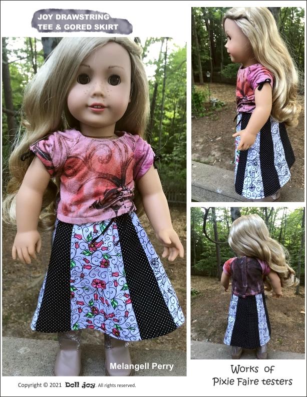 Doll Joy 18 Inch Modern Joy Drawstring Tee and Gored Skirt 18" Doll Clothes Pattern Pixie Faire